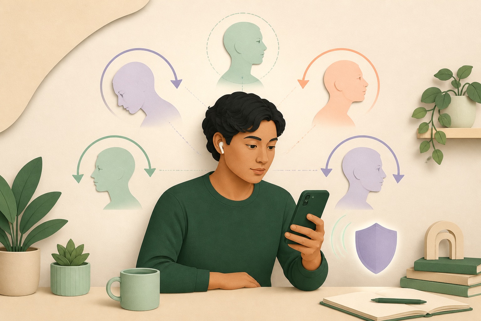 Editorial illustration of headphone motion tracking four head directions relative to a reference position