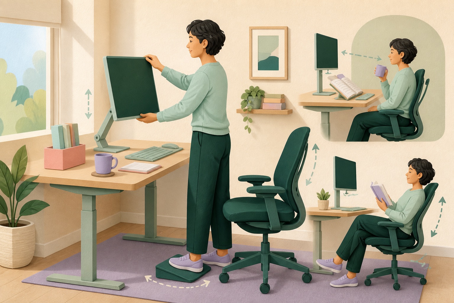 Editorial illustration of an adjustable desk, monitor, chair and several comfortable working positions