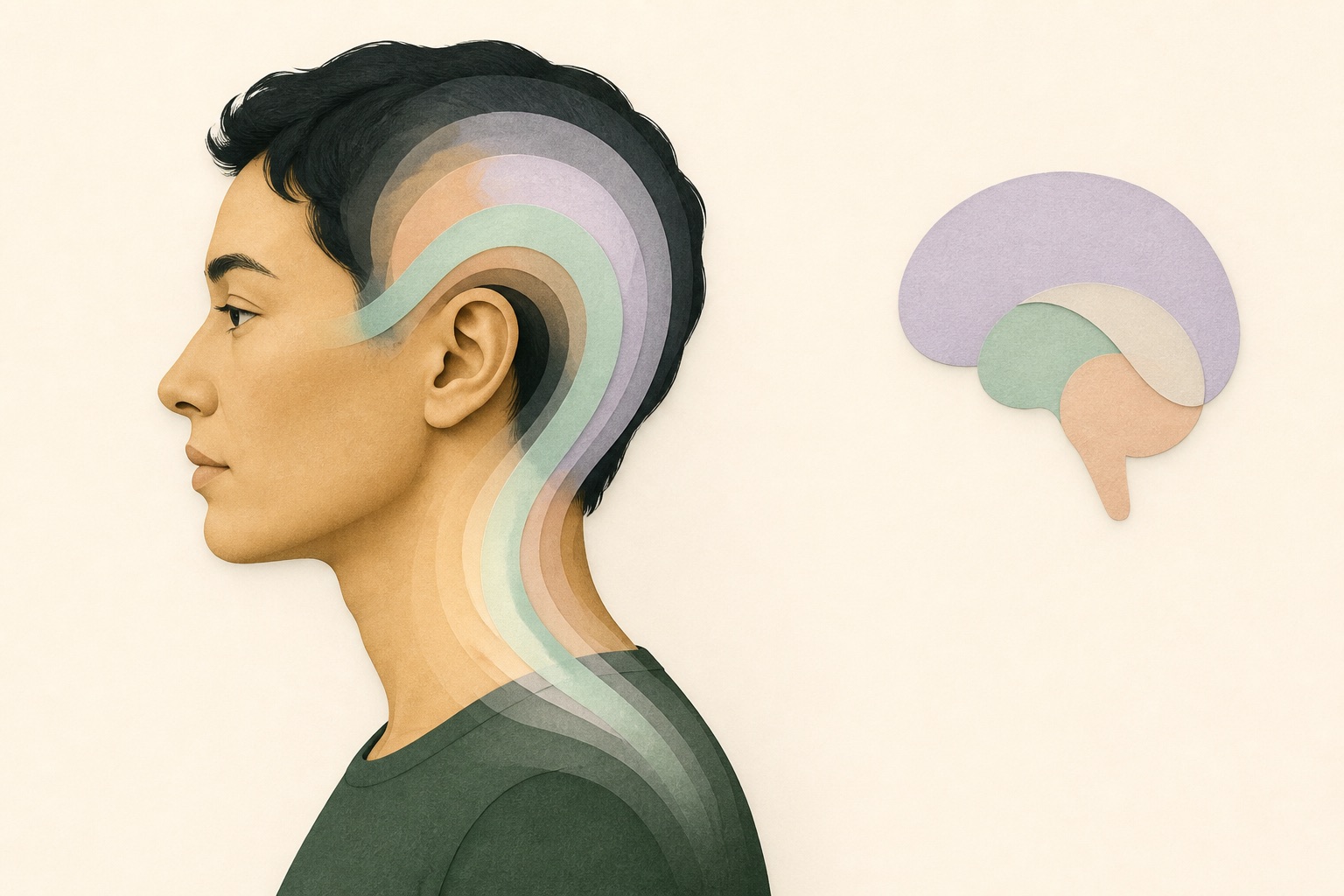 Editorial profile showing a subtle pathway from the upper neck toward the side of the head