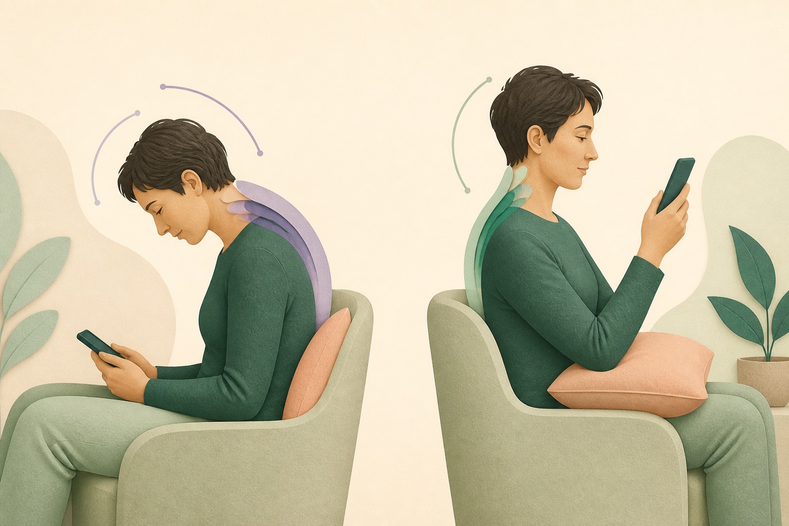 Side-by-side illustration of low and raised smartphone viewing positions with subtle head-angle arcs