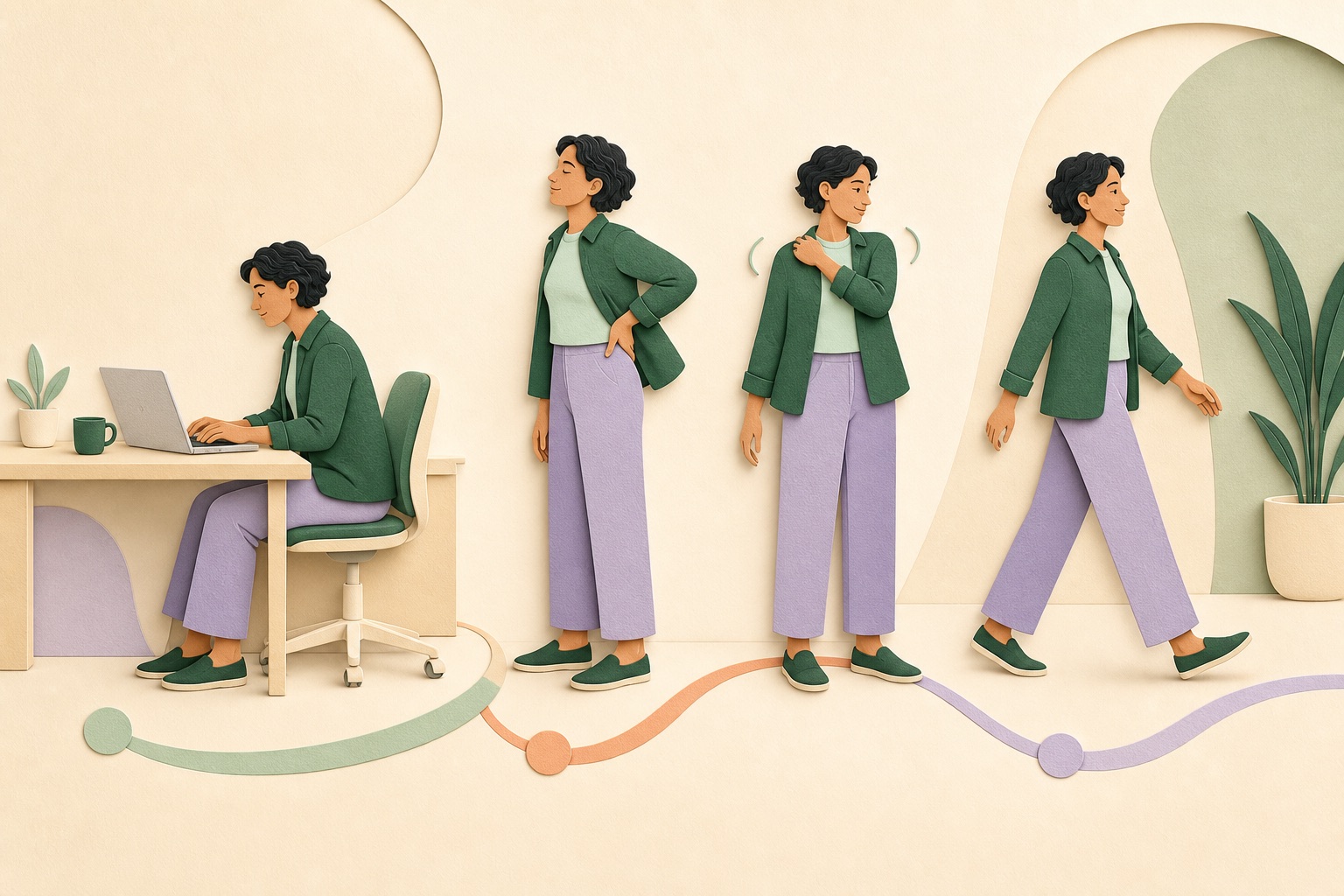 Editorial sequence of an office worker sitting, standing, turning gently and taking a short walk