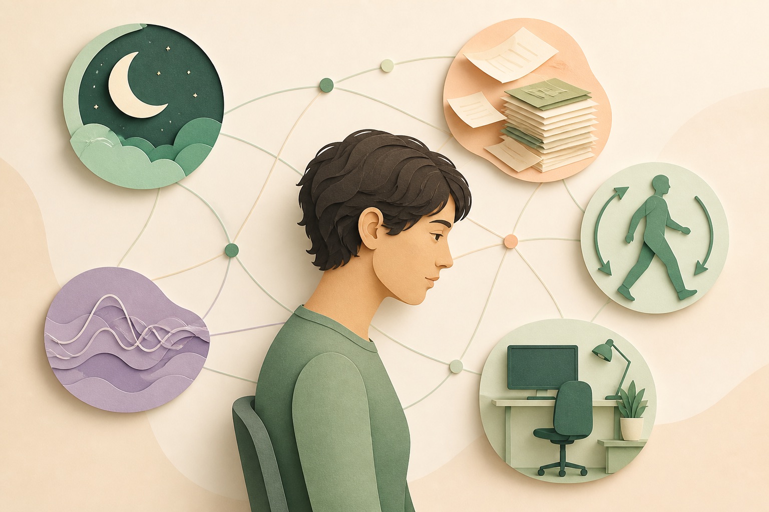 Editorial illustration connecting head posture with sleep, workload, movement, stress and desk setup