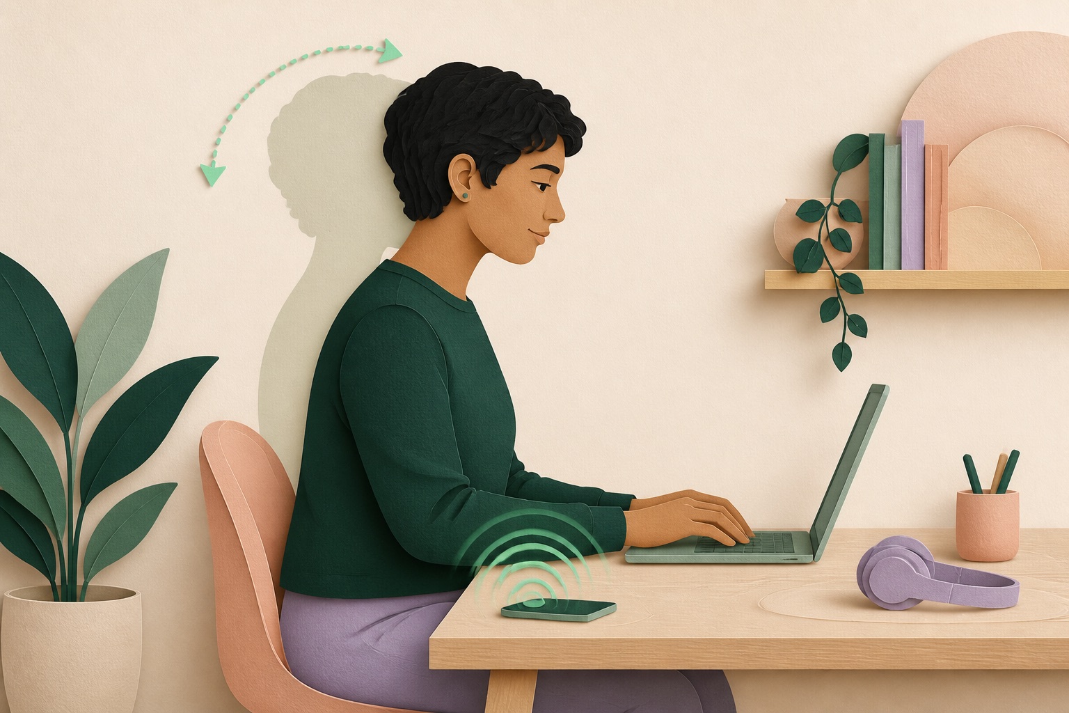 Editorial illustration of a quiet phone ripple prompting a small, relaxed head-position reset