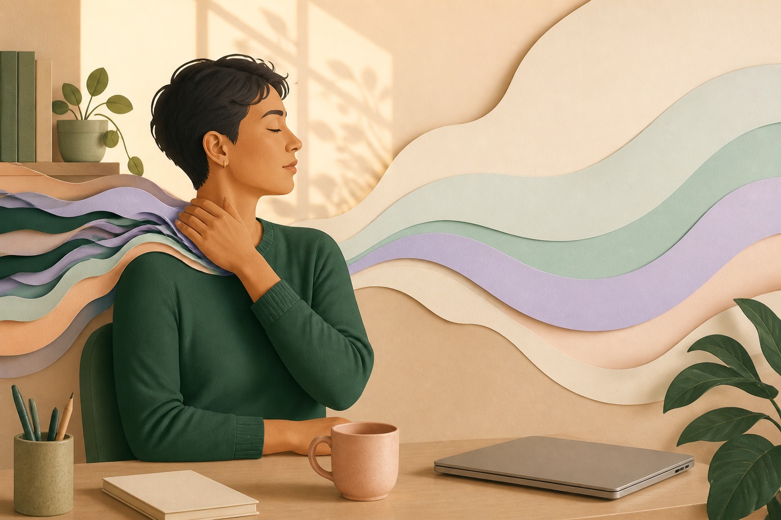 Calm editorial illustration of workload waves softening as a desk worker pauses and resets