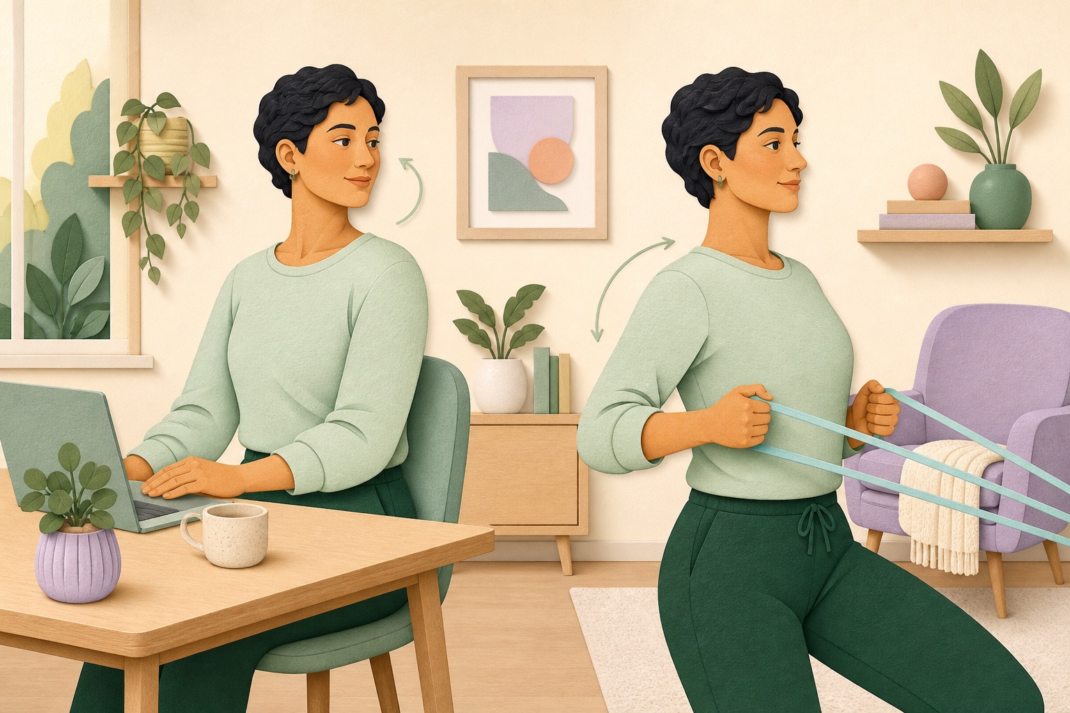 Editorial illustration of a gentle head turn and a light resistance-band row beside a desk