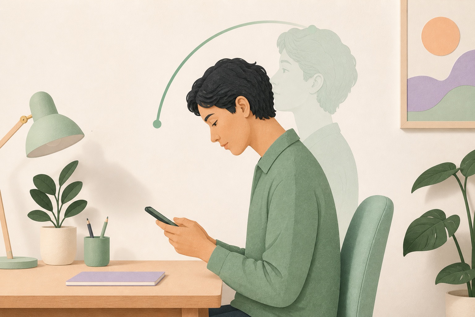 Editorial illustration comparing a person looking down at a phone with their more upright reference position